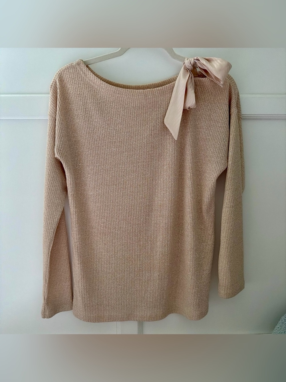 Hem & Thread Blush Tie-Shoulder Off-the-Shoulder Sweater